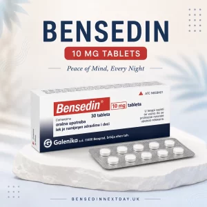 Bensedin 10mg tablets in packaging, promoting peace of mind and fast delivery from Galenika.
