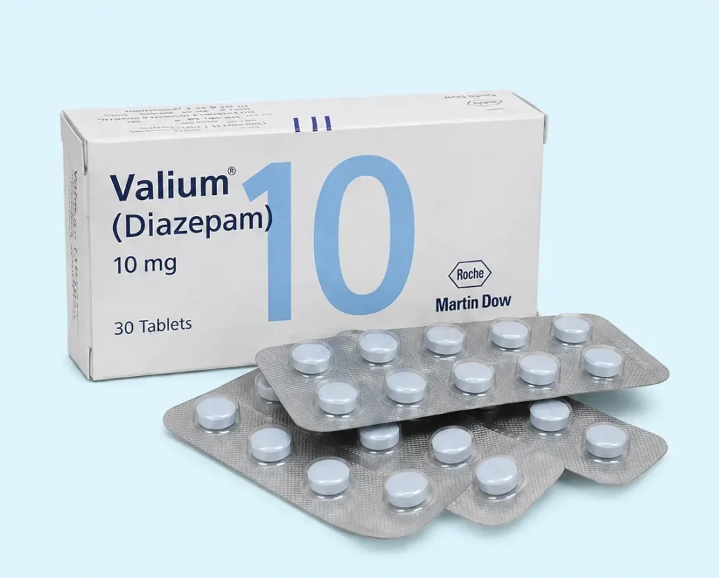 Valium (Diazepam) 10 mg tablets in packaging, available for purchase in a pharmacy setting.